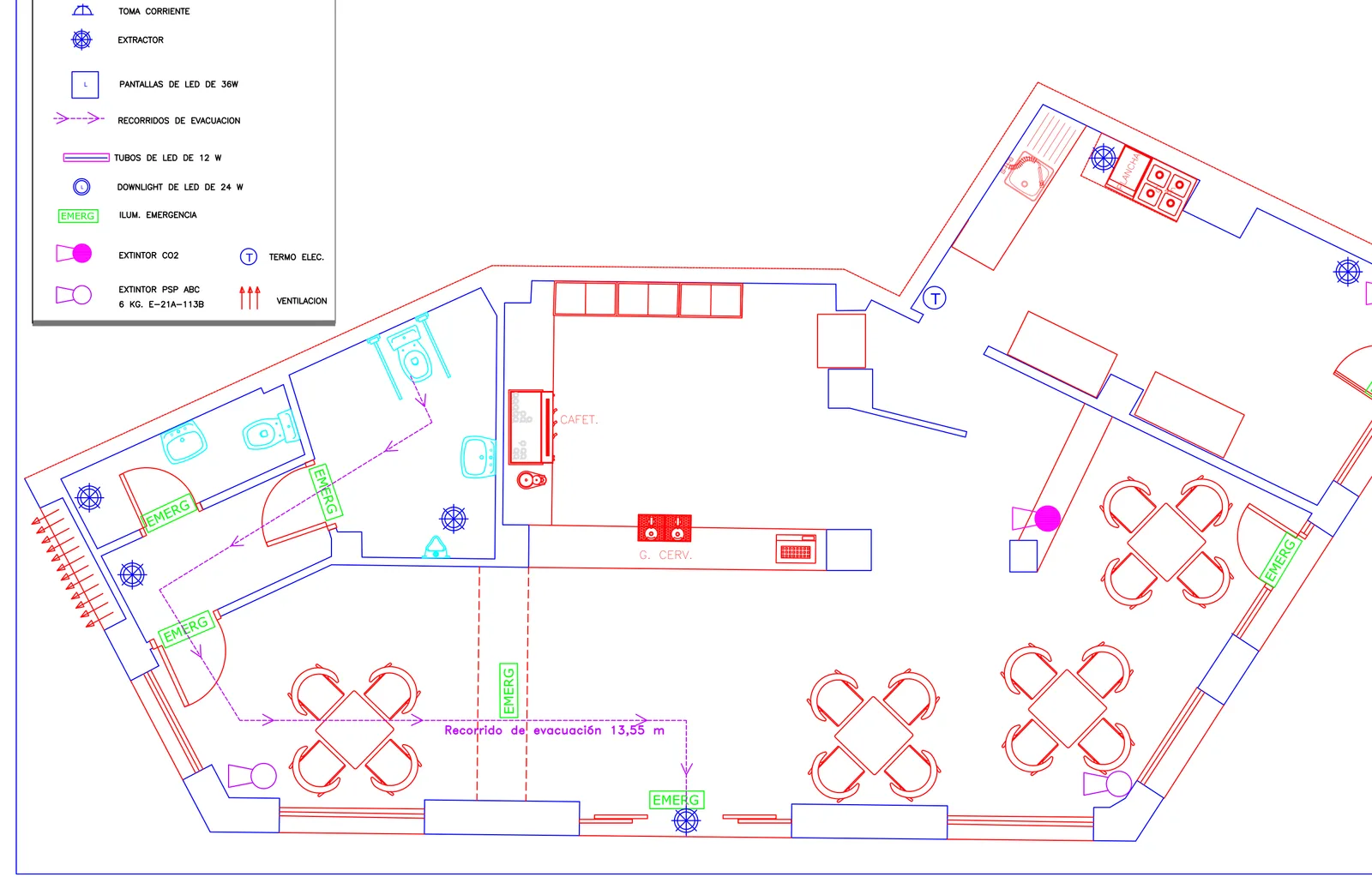 Plano del local con sala, barra, cocina, aseos y distribución de mesas